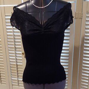 Elegant Black Stretch Top with Lace White House Black Market Top Size M